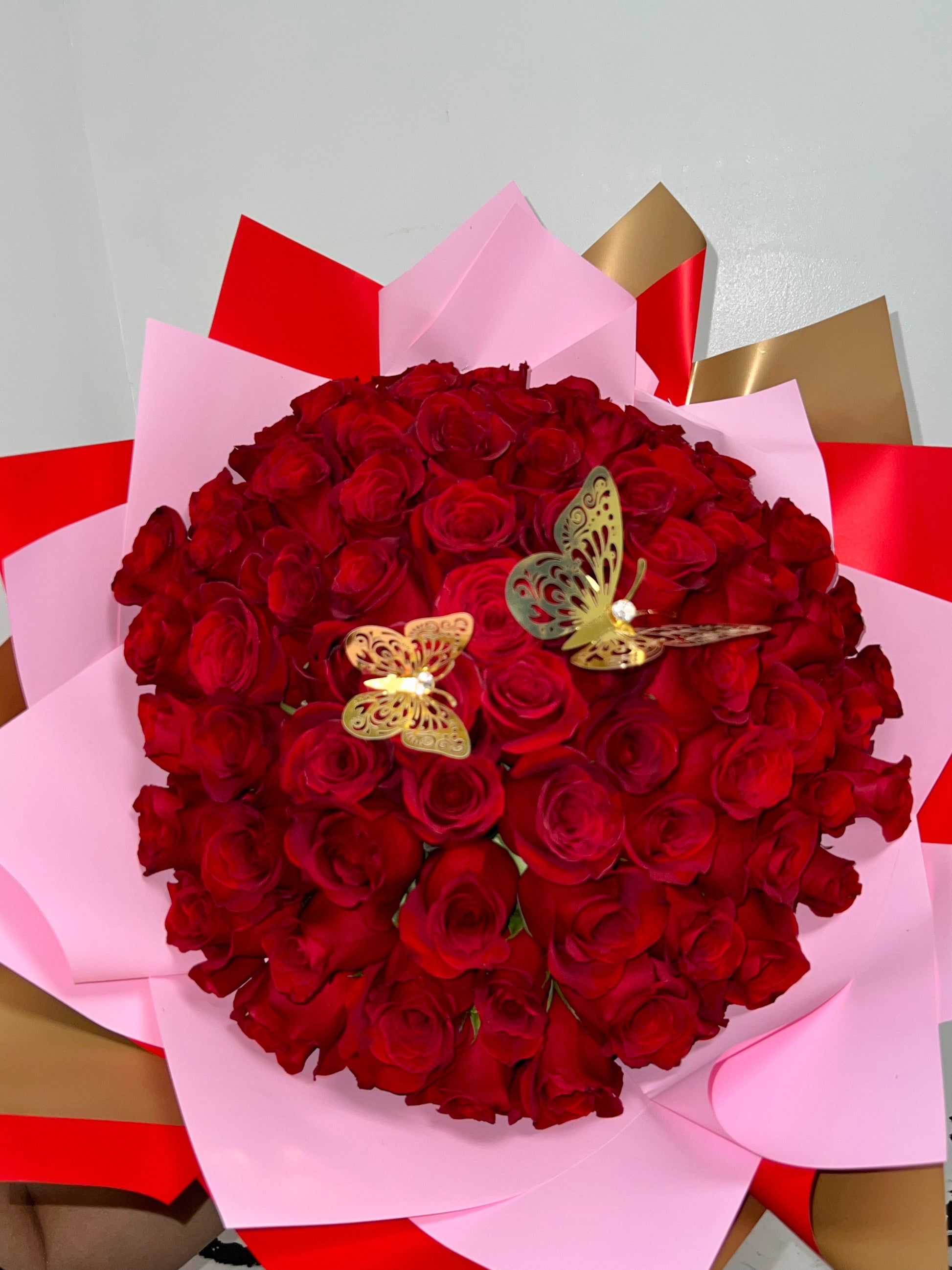 061 Beautiful Sunflowers and Red Roses Bouquet Decorated with Butterflies  and a Golden Crown - Love Flowers Miami